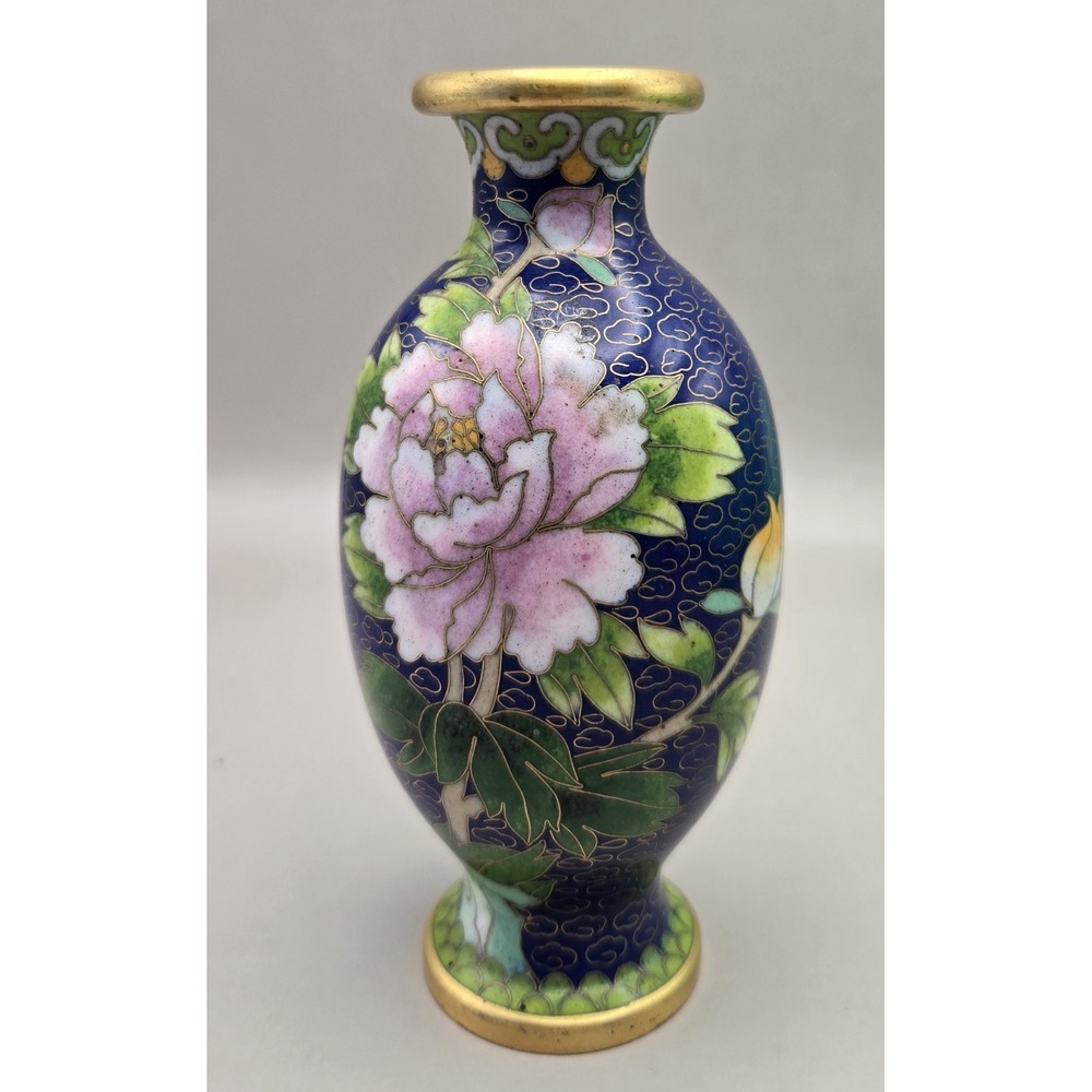 Chinese Cloisonne Enamel Vase 5" Tall Mid-Cen With A Pink Peony Motif B#28 - Picture 2 of 7